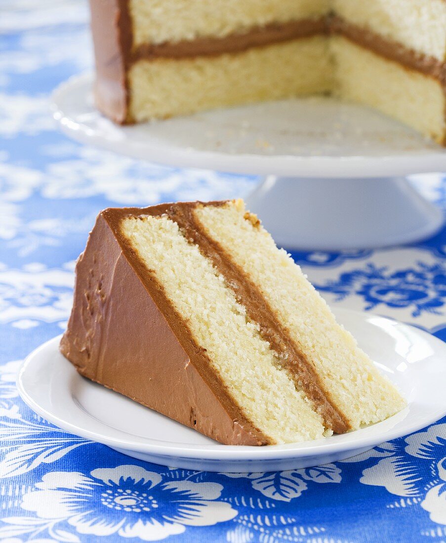 Slice of Yellow Layer Cake with Chocolate Frosting