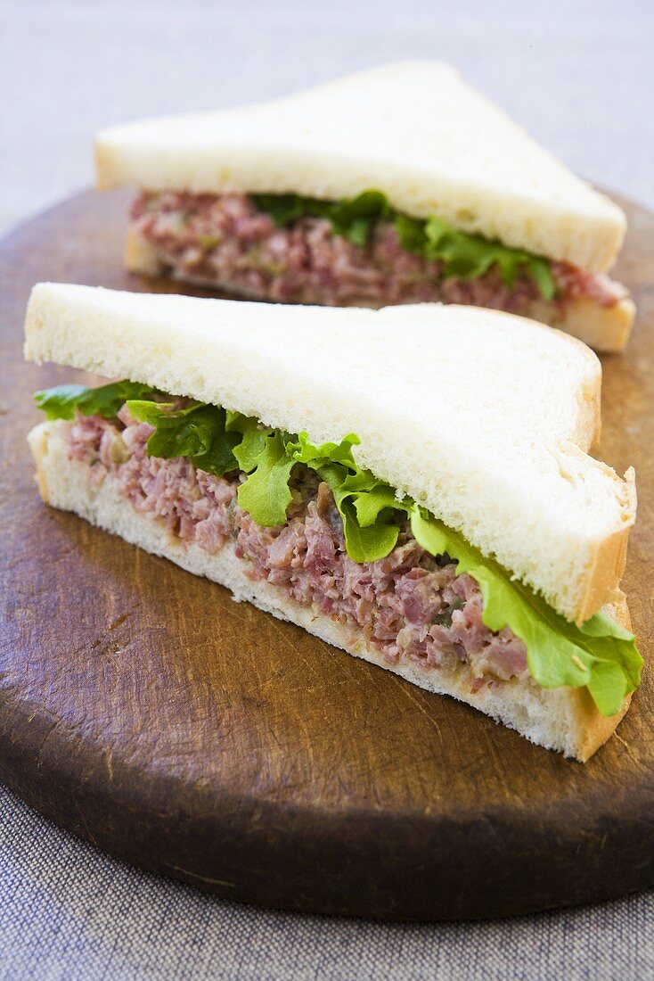 Ham Salad Sandwich on White Bread; Halved