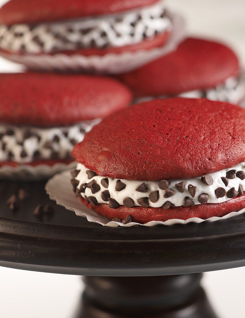 Red Velvet Whoopie Pies with Cream Filling and Chocolate Chips