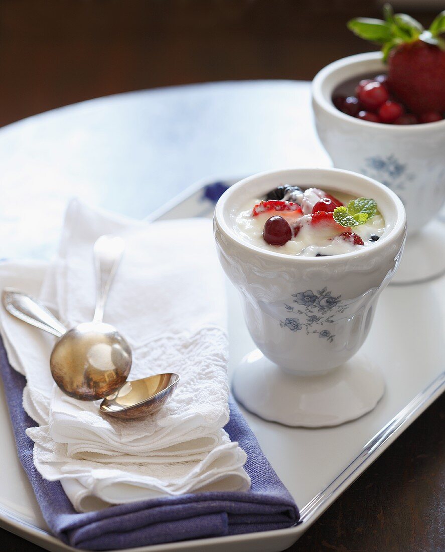 Griechisches Joghurt mit frischen Beeren in antiker Schale