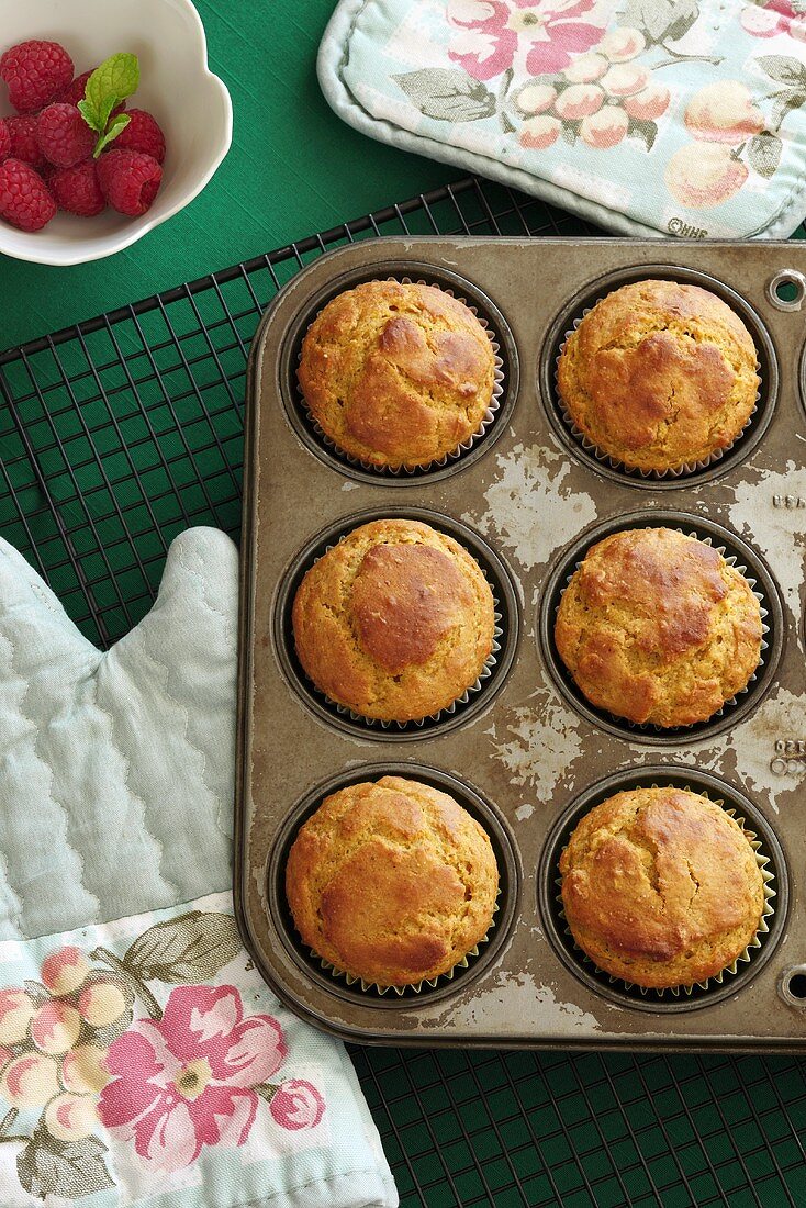 Freshly Baked Muffins Cooling in the Pan on a Rack; Oven Mitt