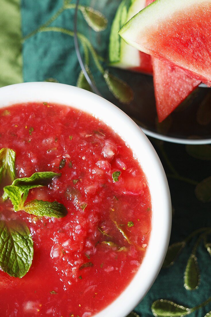 Bowl of Watermelon, Strawberry Mint Soup; Fresh Watermelon