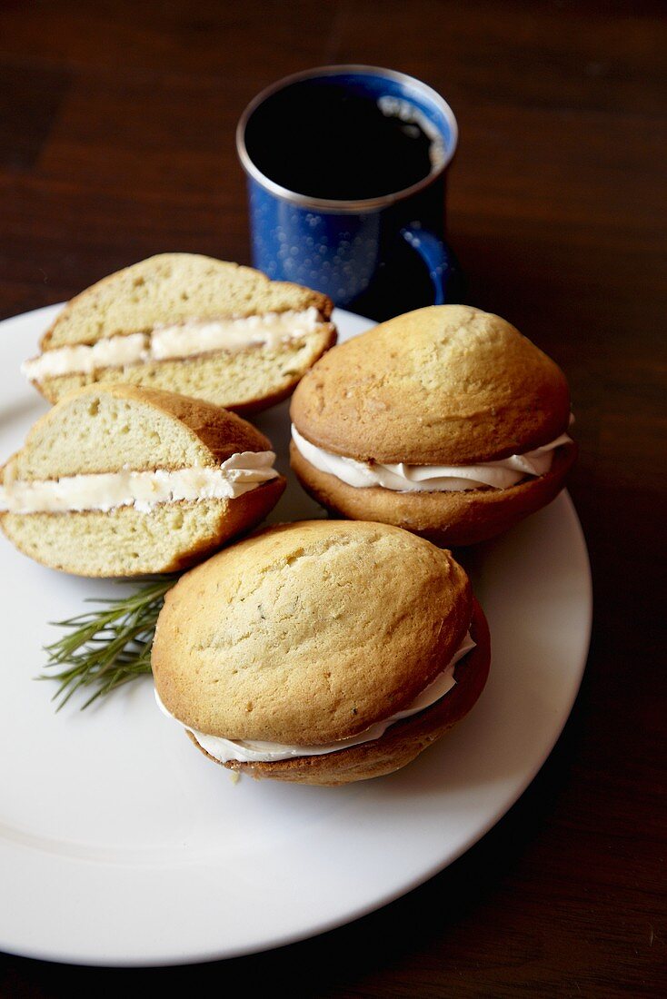 Rosemary Whoopie Pies with Lemon Cream; Cup of Coffee