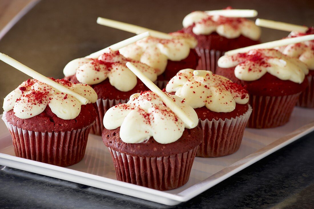 Red Velvet Cupcakes with Cream Cheese Icing and White Chocolate Tubes