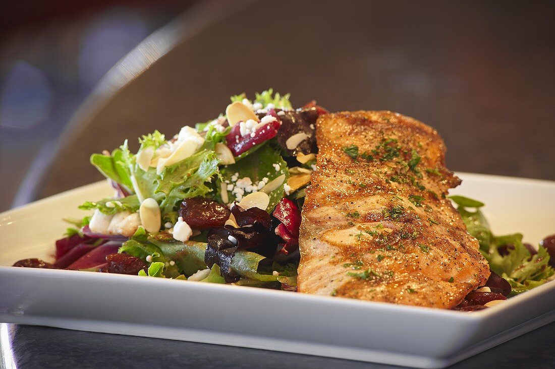Grilled Salmon Salad with Cherries, Almonds and Goat Cheese