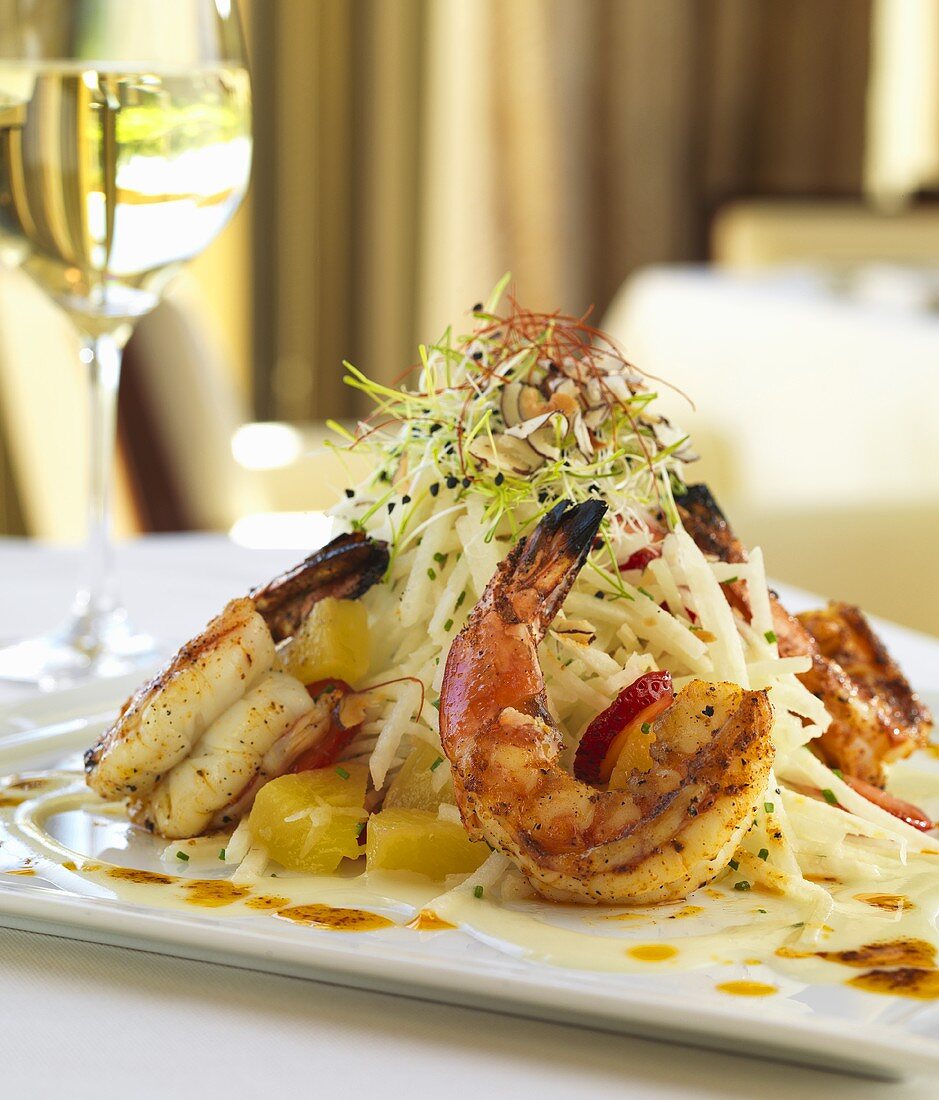 Grilled Shrimp with Jicama Salad; Glass of White Wine