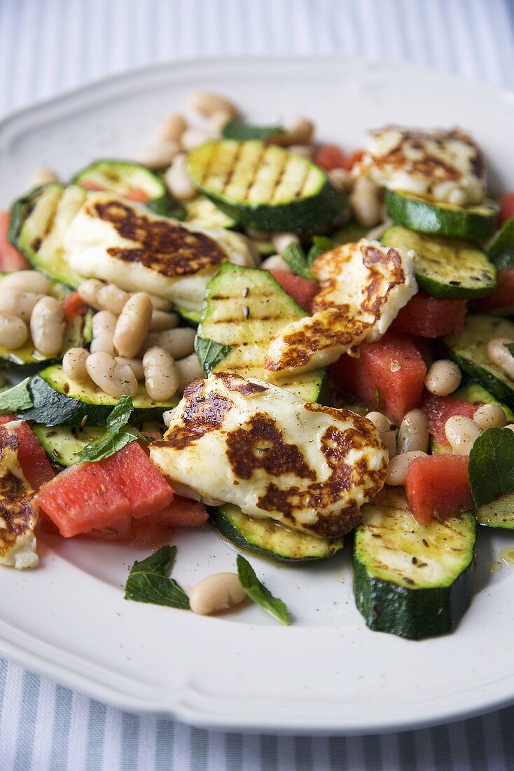 Grilled Zucchini and Watermelon Salad with Cannellini Beans and Halloumi Cheese