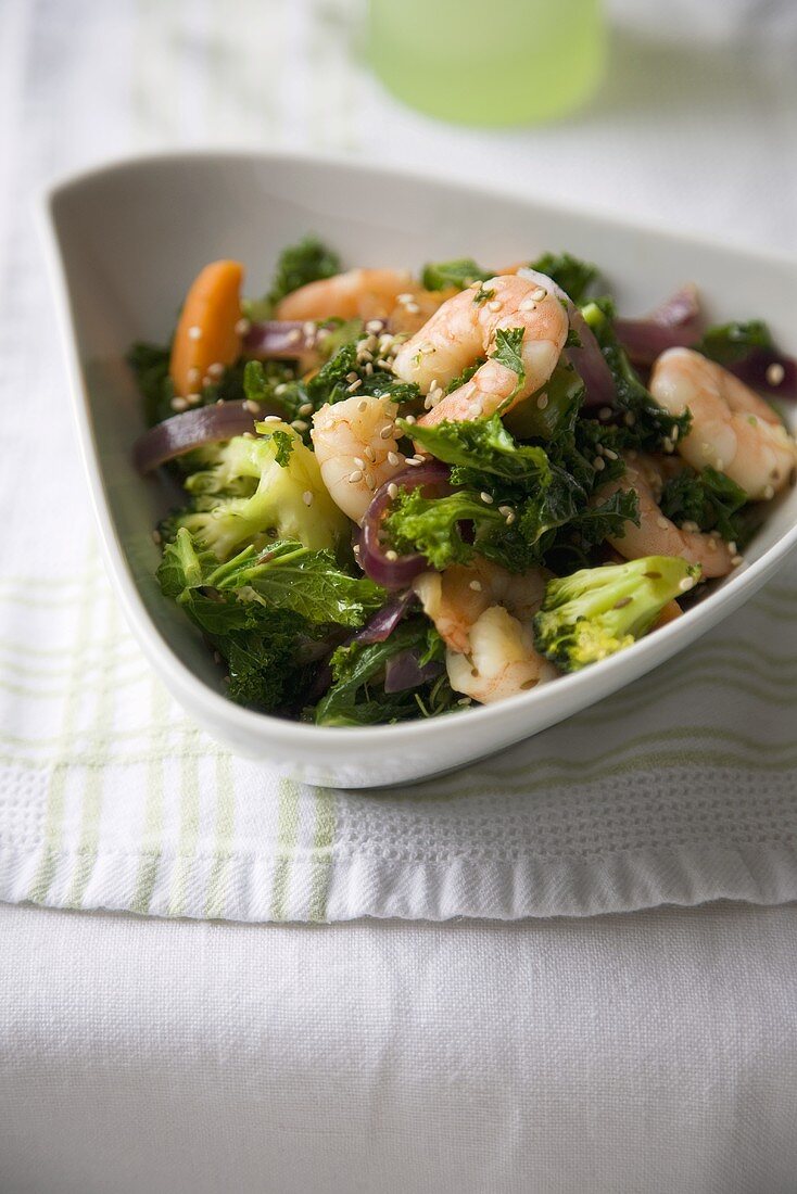 Shrimp Broccoli and Kale Stir Fry in a Bowl