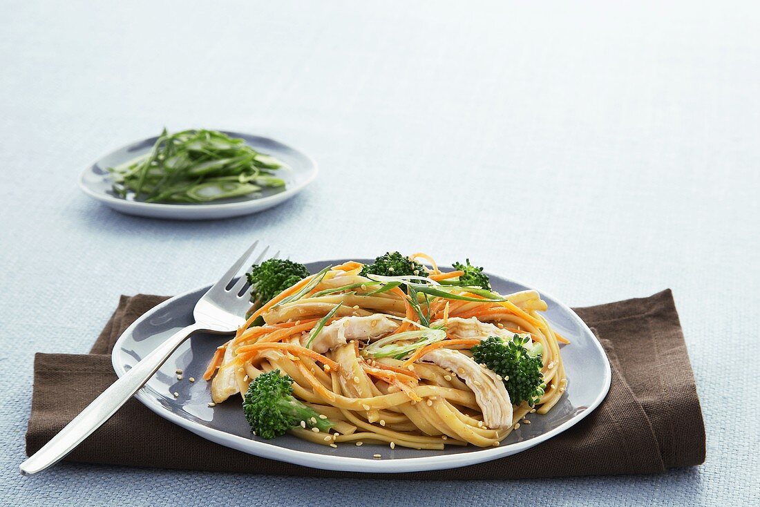 Asian Noodles Topped with Chicken, Broccoli and Carrots