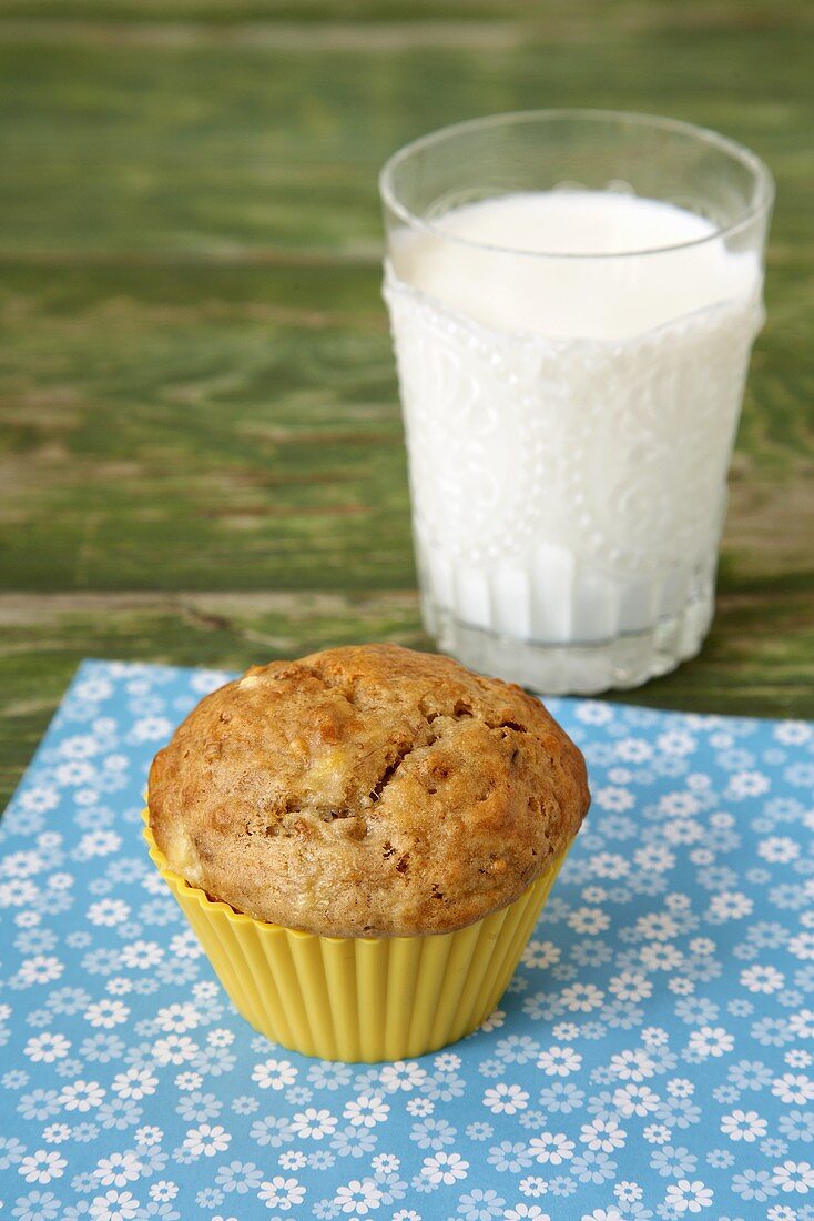 A Banana Muffin with a Glass of Milk