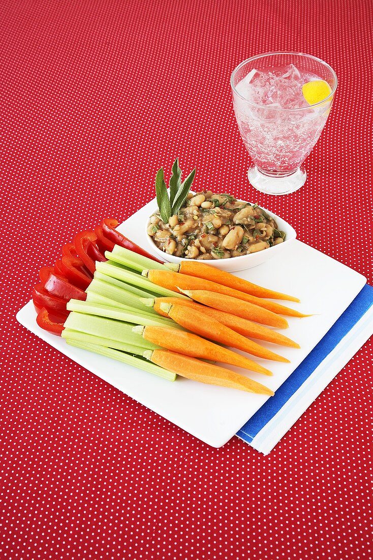 Frisches Gemüse und Bohnendip auf einer Platte, Mineralwasser mit Zitrone