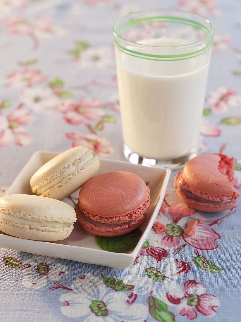 Two Raspberry and Two Vanilla Macaroon Cookies with a Glass of Milk