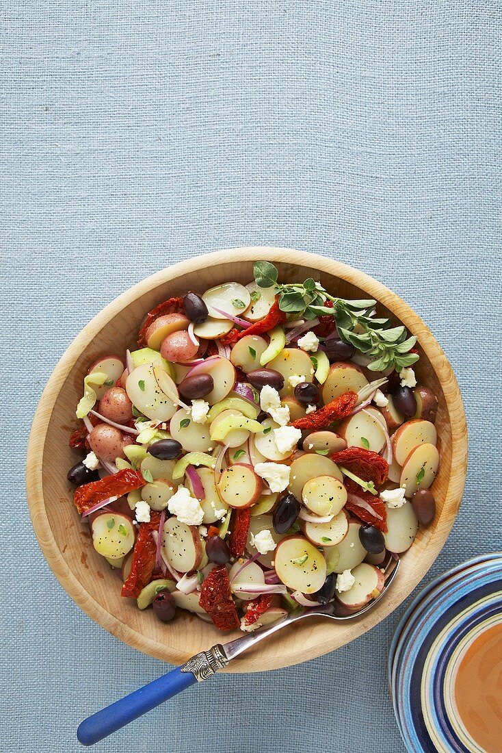 Greek Potato Salad in a Serving Bowl; From Above