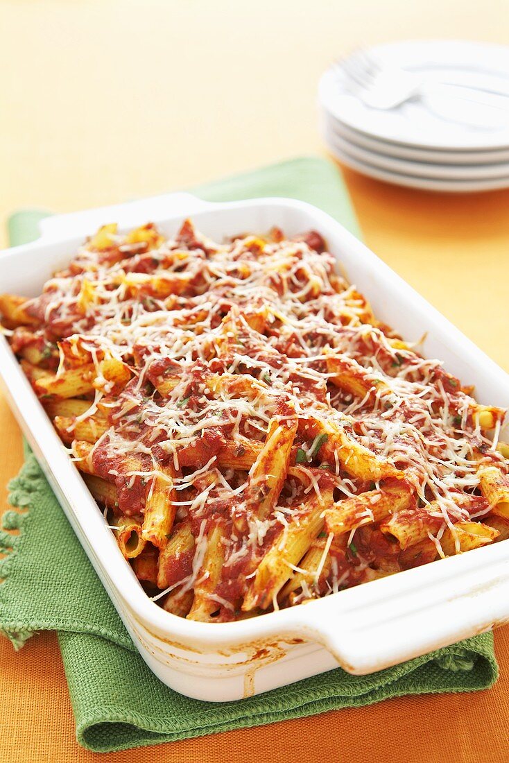 Penne Baked in Tomato Sauce; In Baking Dish