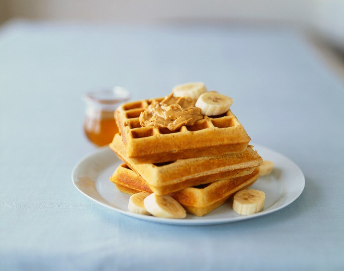 Stack of Waffles with Almond Butter and Banana
