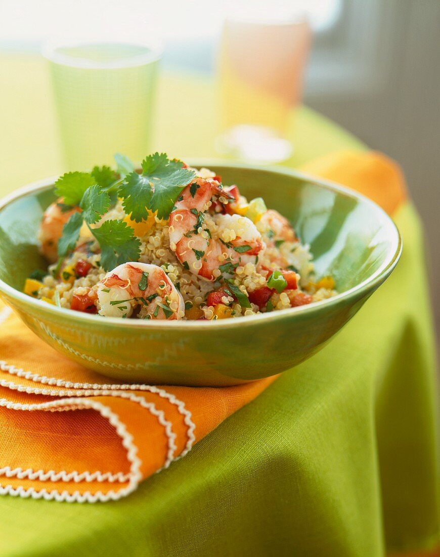 Bowl of Sesame Quinoa Shrimp with Cilantro