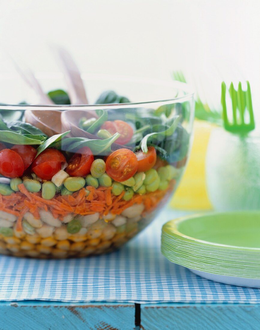 Layered Summer Salad in a Glass Serving Bowl