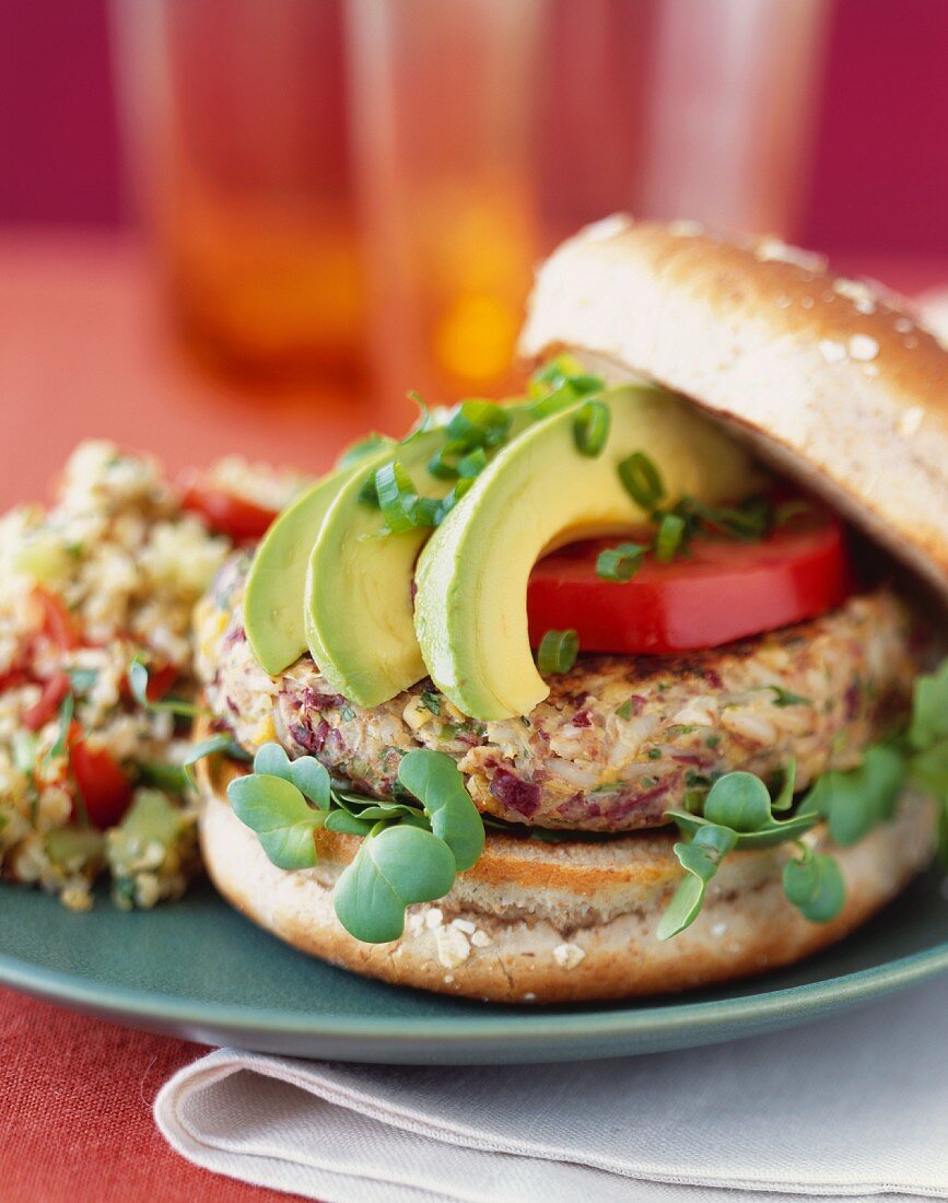 Veggie Flax Burger with Avocado and Tomato and a Side of Tabbouleh