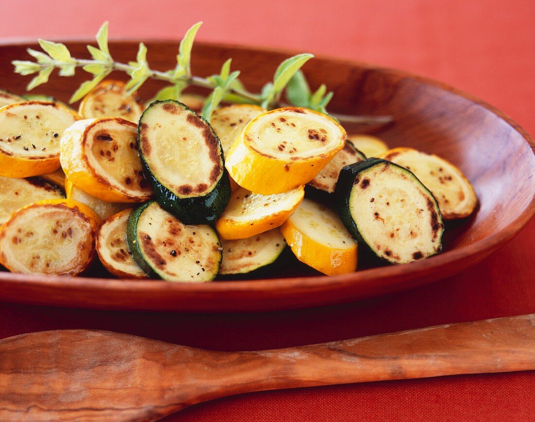 Grilled Zucchini and Summer Squash in a Wooden Serving Bowl
