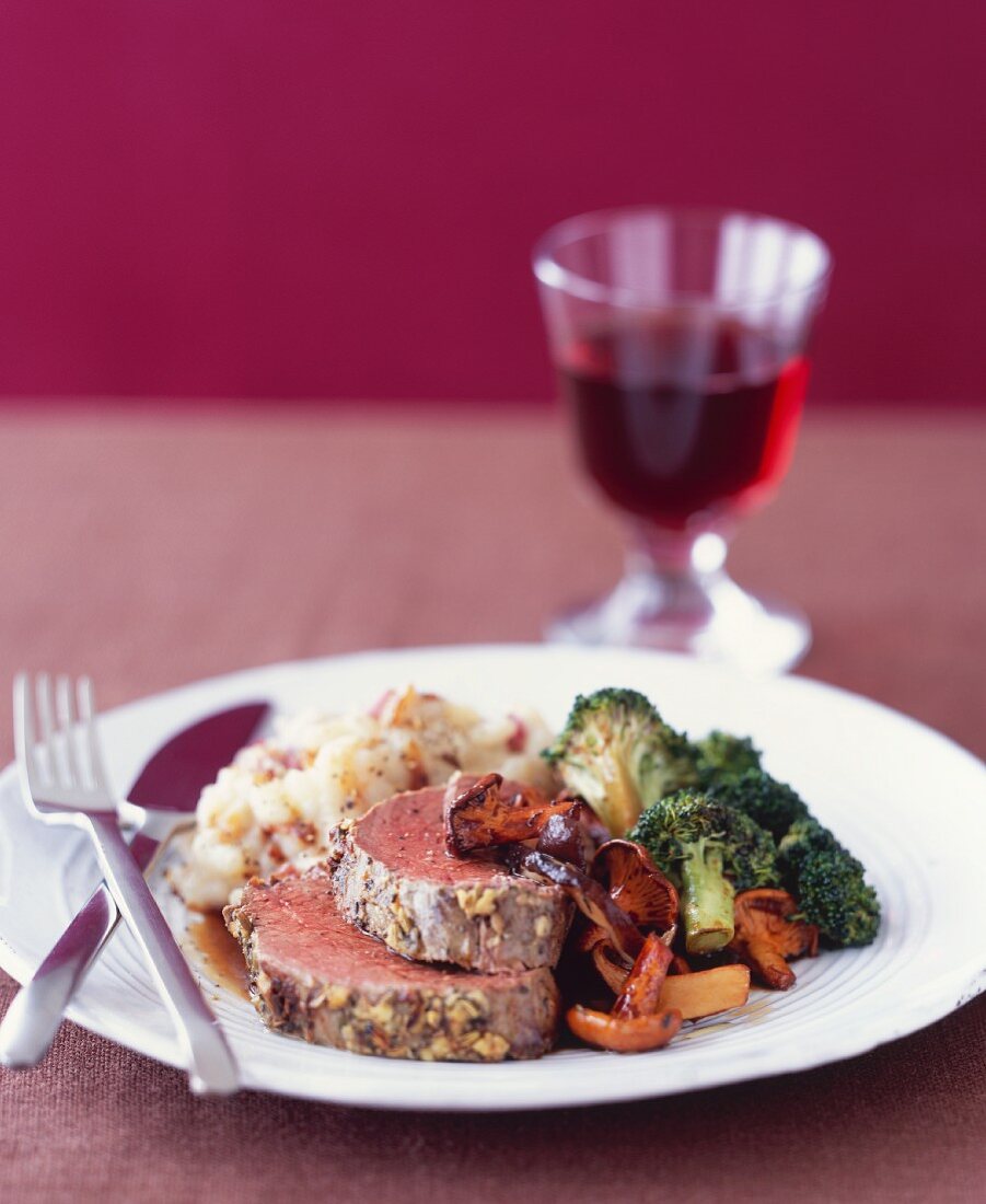 Herb Roasted Beef Tenderloin; Sliced with Veggies and Mashed Potatoes