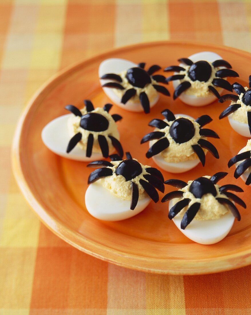 Halloween Deviled Eggs with Olive Spiders