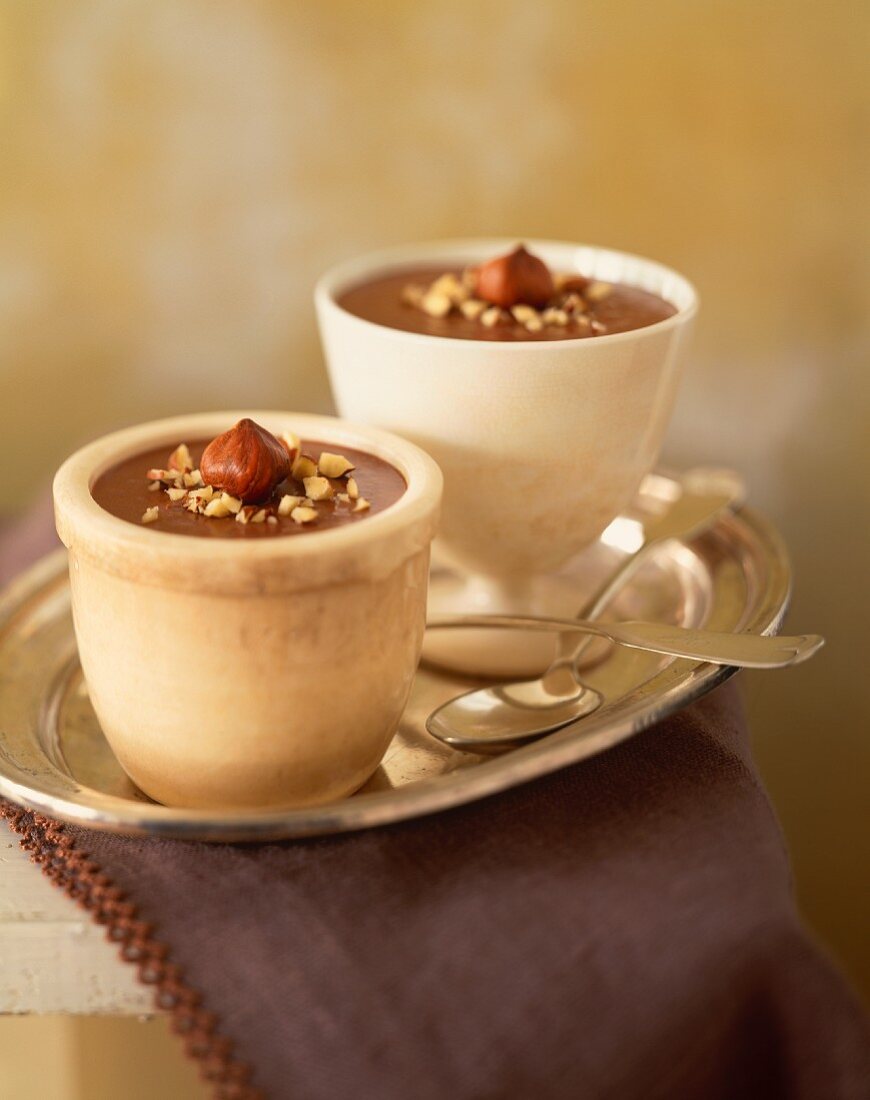 Hazelnut Mousse Cups on a Silver Tray; Spoons