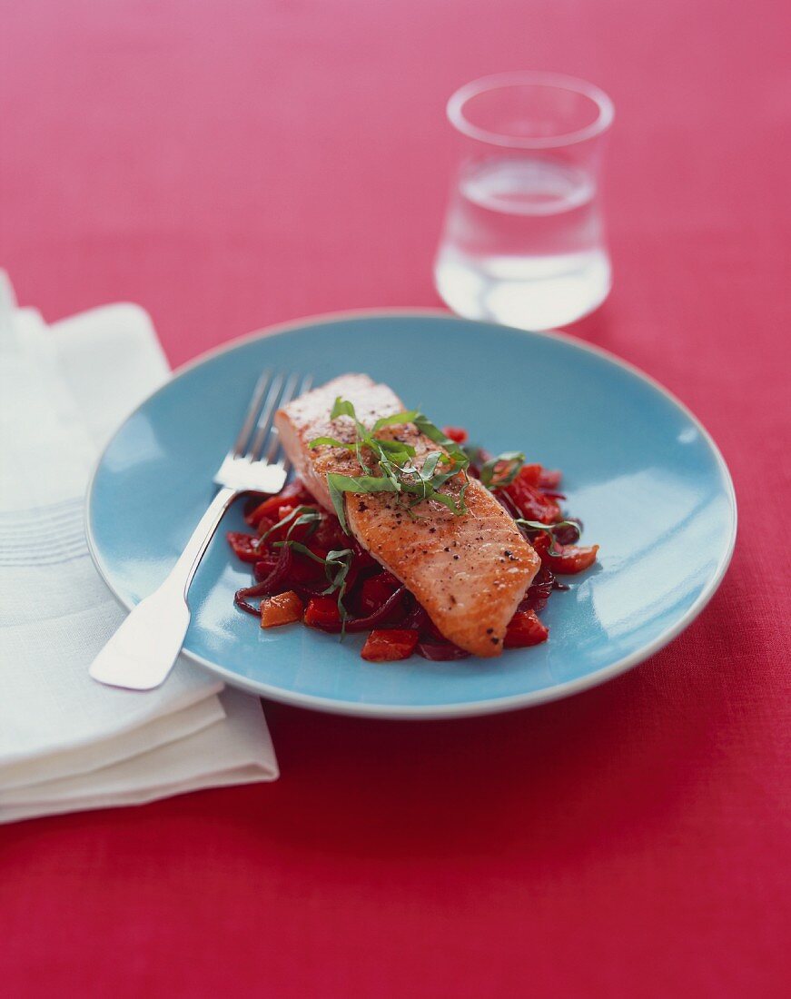 Salmon Fillet on a Bed of Red Peppers