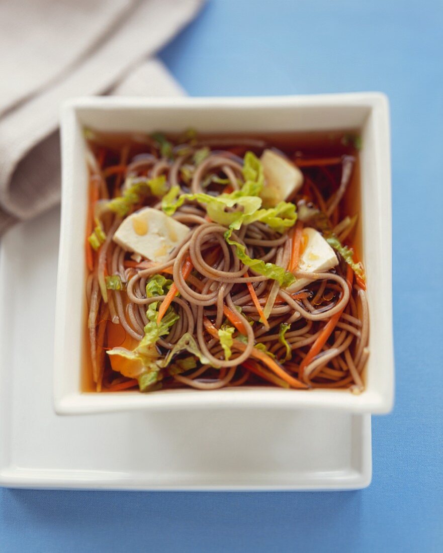 Tofu and Soba Noodle Soup; In a Bowl; From Above