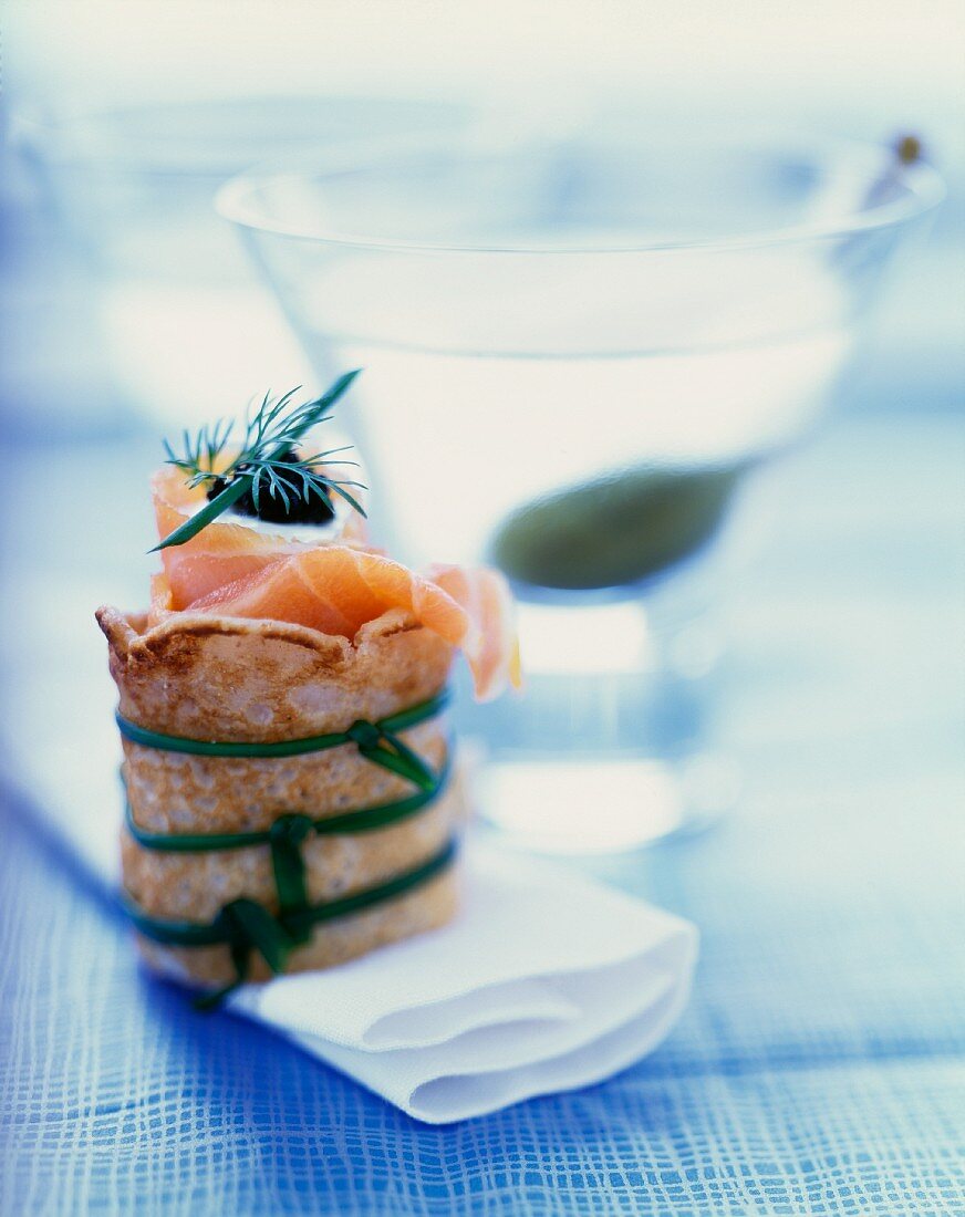 Pancake Wrapped Salmon Hors D'oeuvre with a Martini