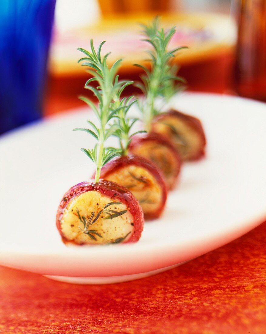 Bacon Wrapped Scallops with Rosemary Sprigs