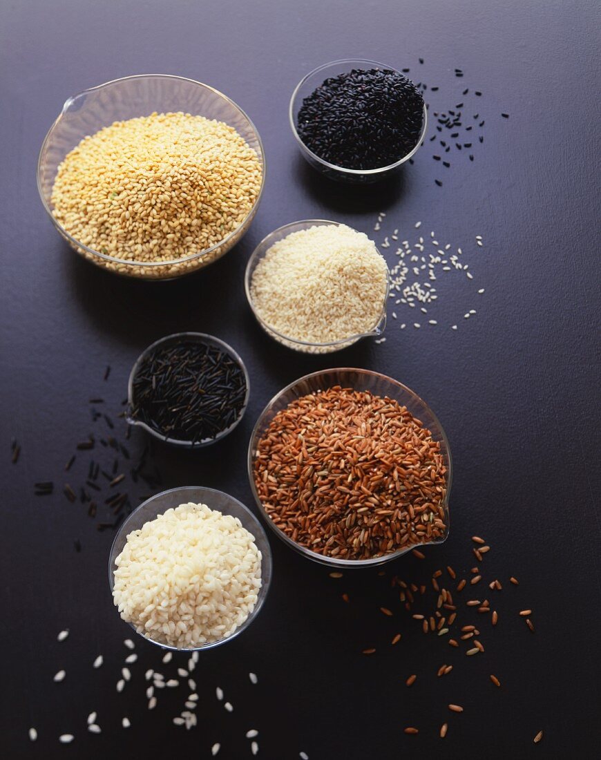 An Assortment of Rices in Bowls; From Above