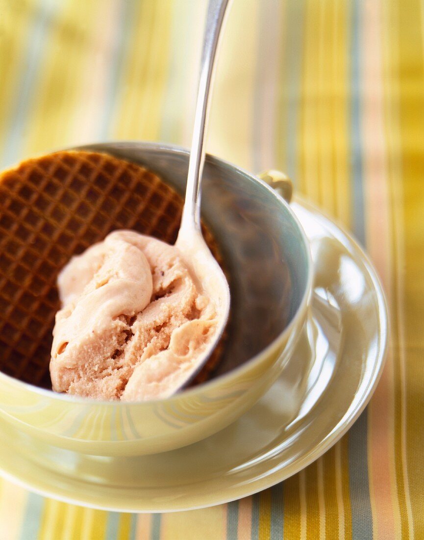 Spoonful of Ice Cream with a Waffle Cookie in a Bowl