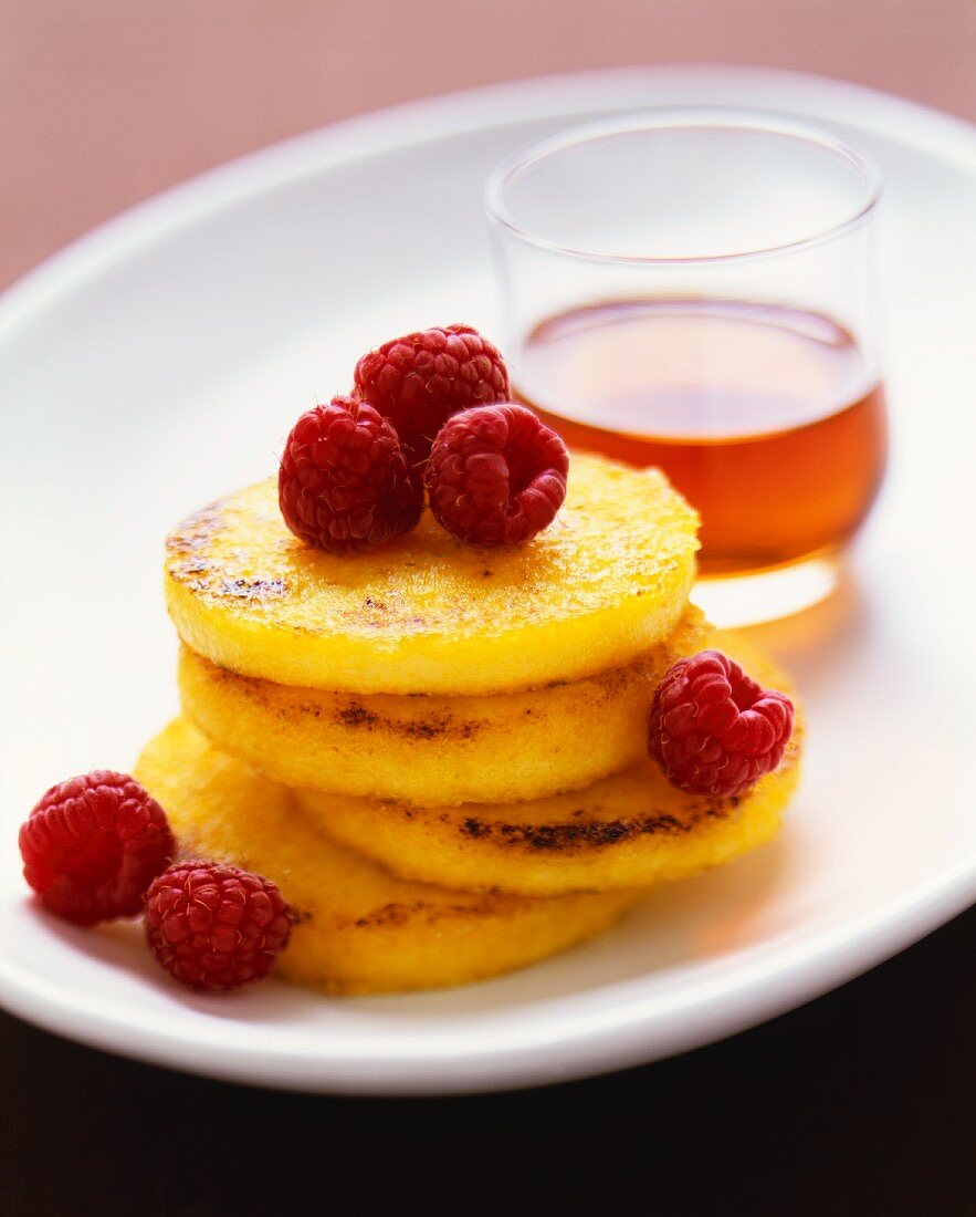 Stacked Polenta Pancakes with Raspberries