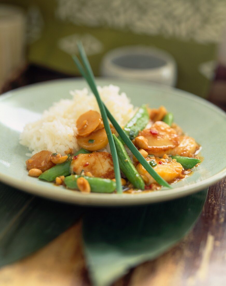 Kung Pao Scallops Served with Snap Peas and Rice