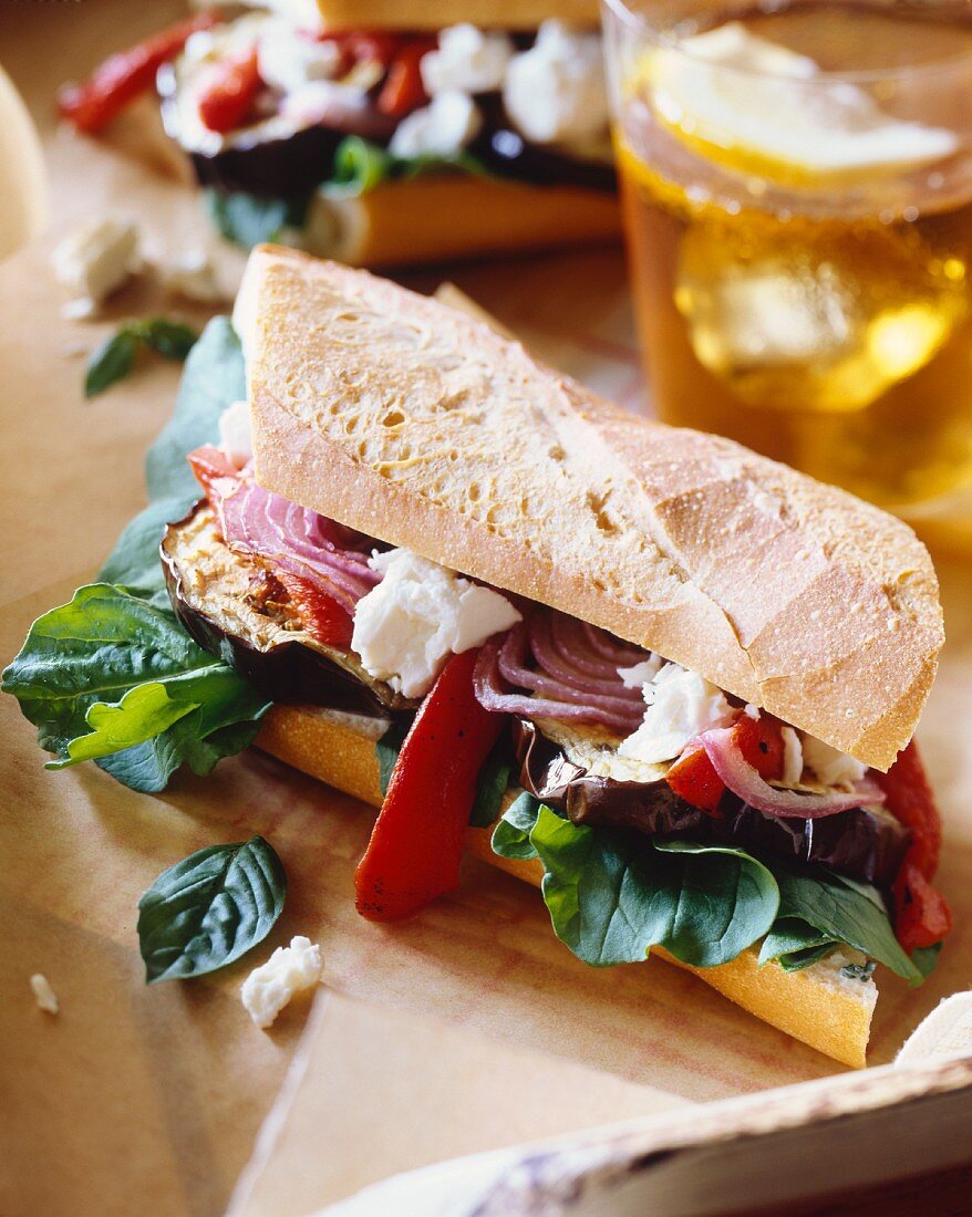 An aubergine, onion and feta cheese baguette