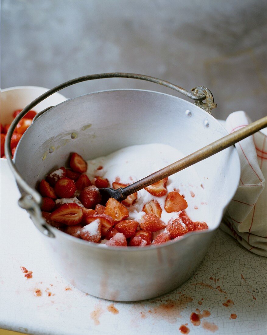 Mixing Strawberries with Sugar for Jam