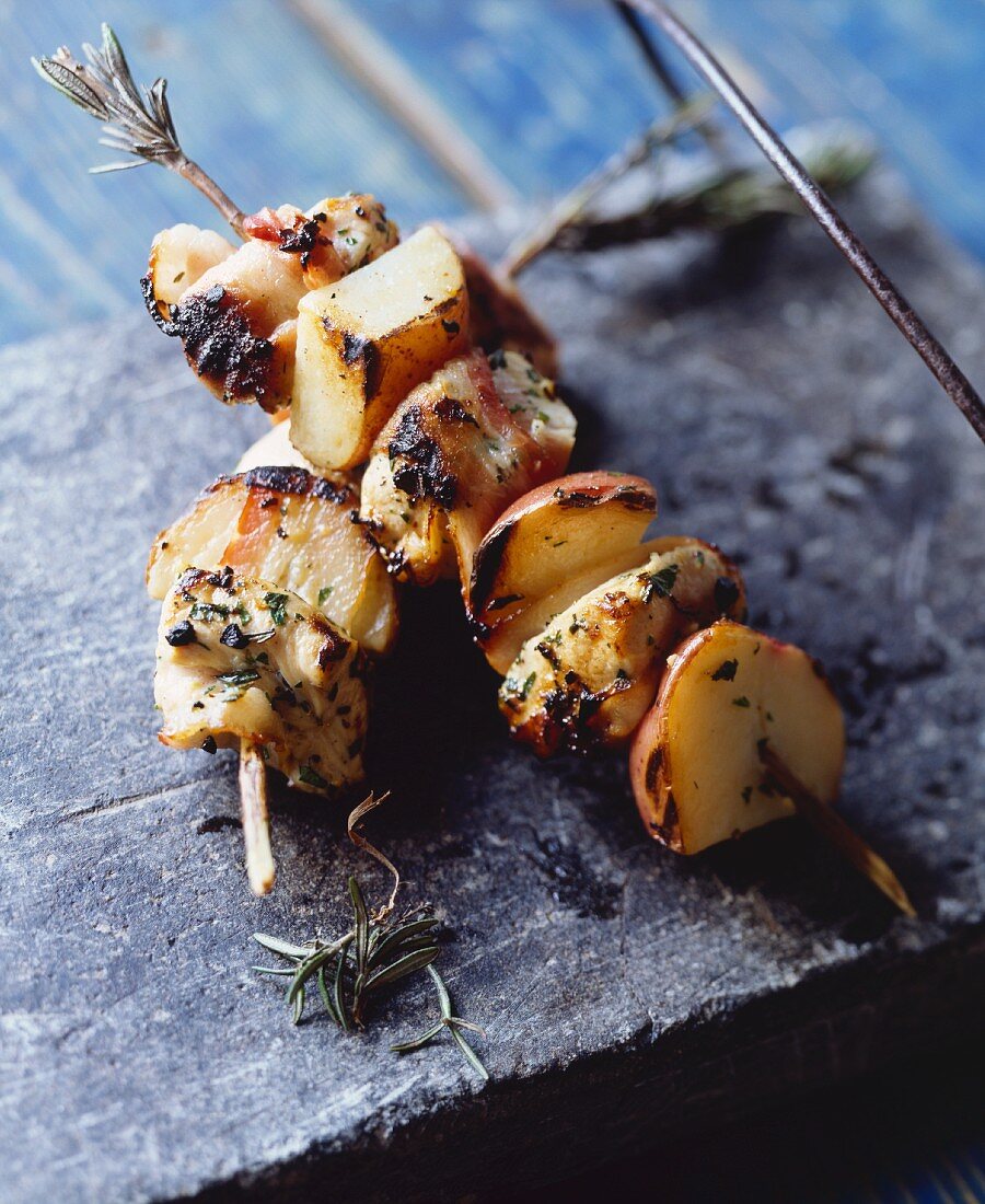 Chicken, Potato and Bacon Kabobs on Wood