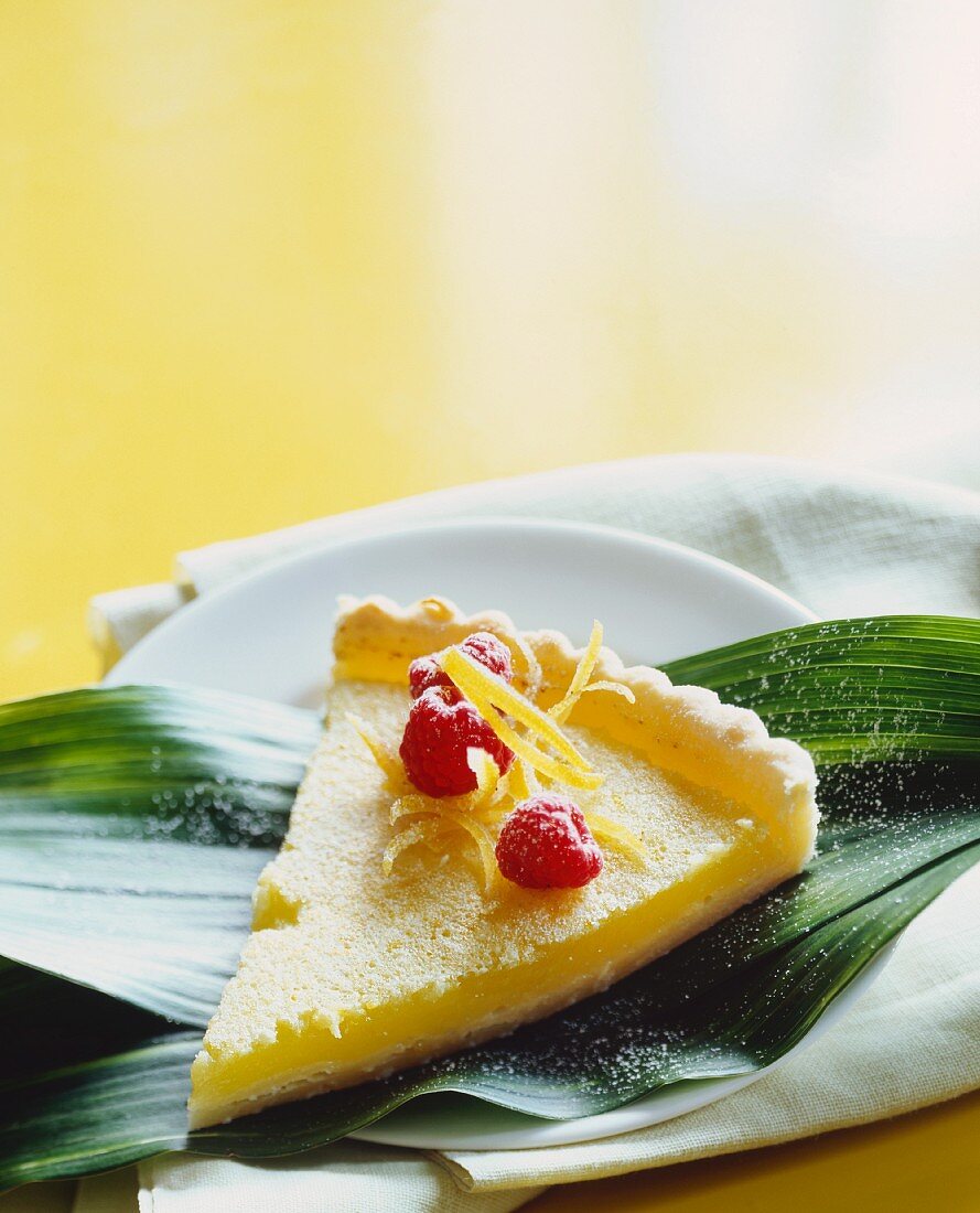 A Slice of Lemon Tart with Raspberries and Candied Lemon Peel