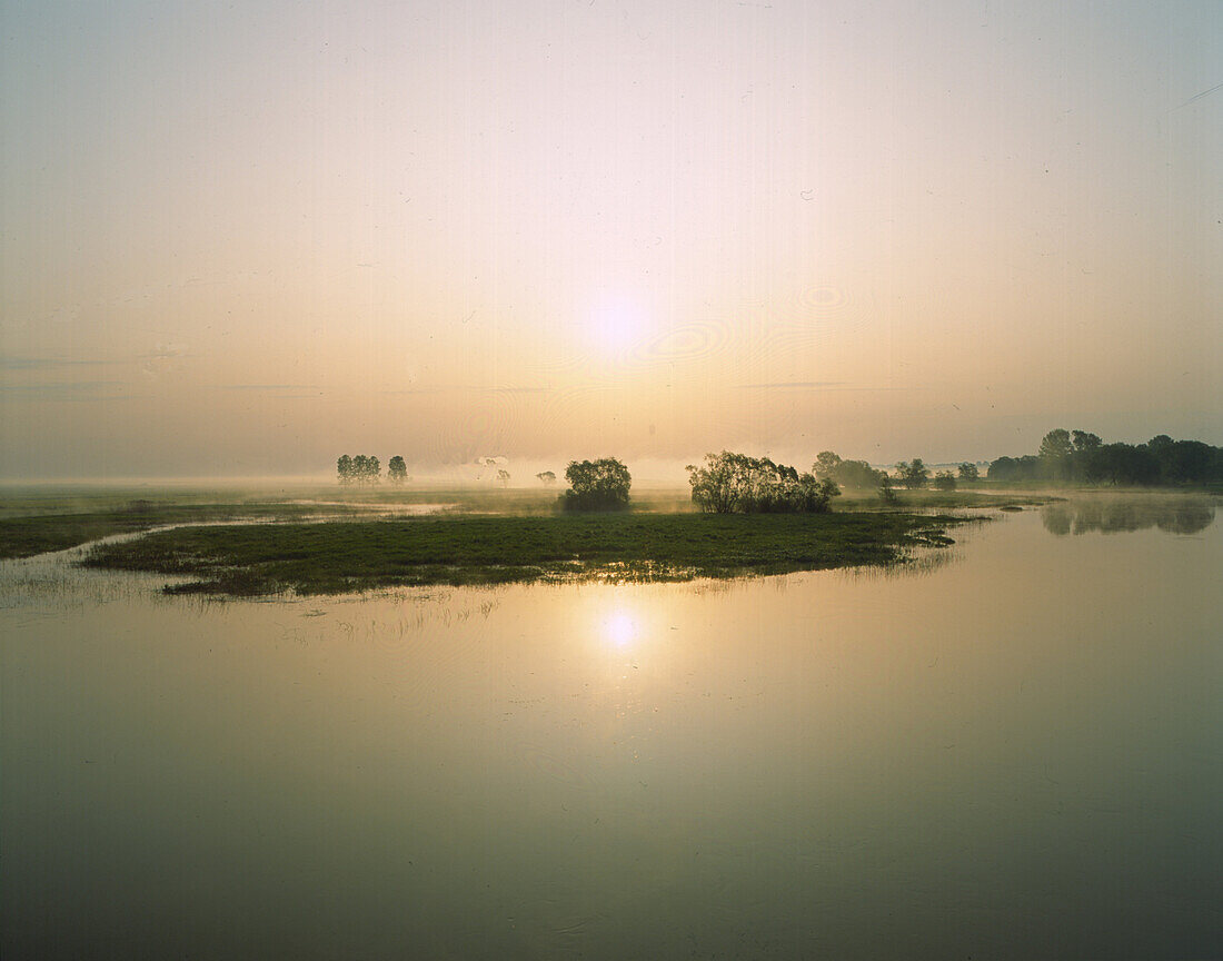 Morgennebel über masurischen Seen bei Sonnenaufgang, Masuren, Polen