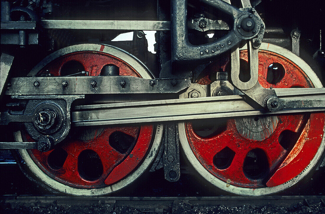 close-up of two steam train wheels, China