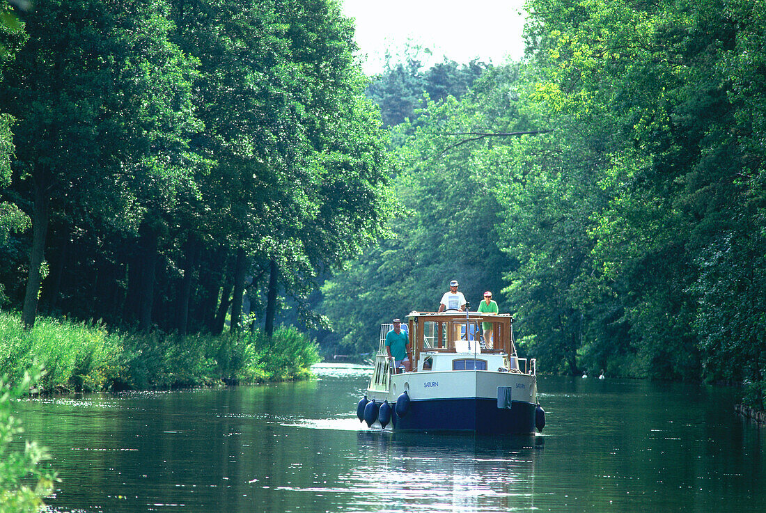Houseboat on river, Mecklenburg-Western Pomerania, Germany