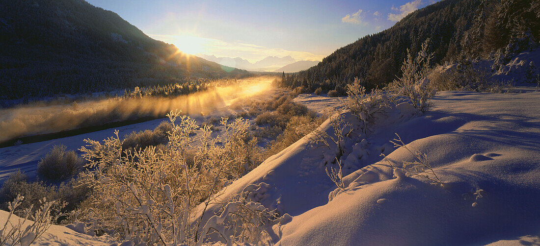 Isar River near Vorderriss, winter landscape, Bavaria, Germany