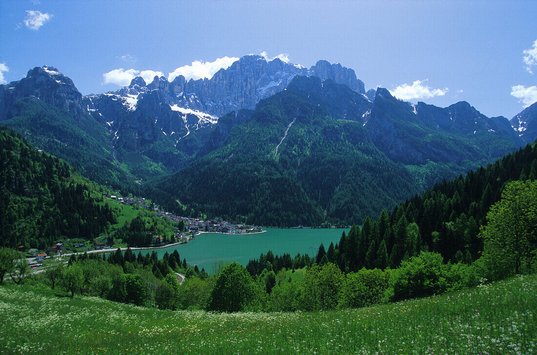 Mountain village at a lake, Civetta, South Tyrol, Italy, Europe