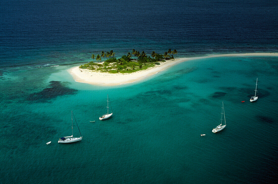 Luftaufnahme einer kleinen Insel mit Sandstrand, Grenada, Karibik