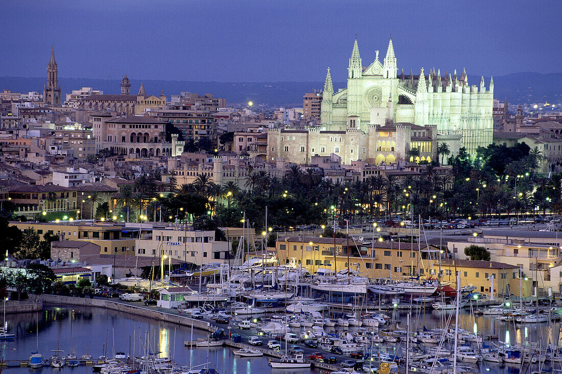 Cathedral and harbour at night, La Seu, Palma de Mallorca, Majorca, Spain