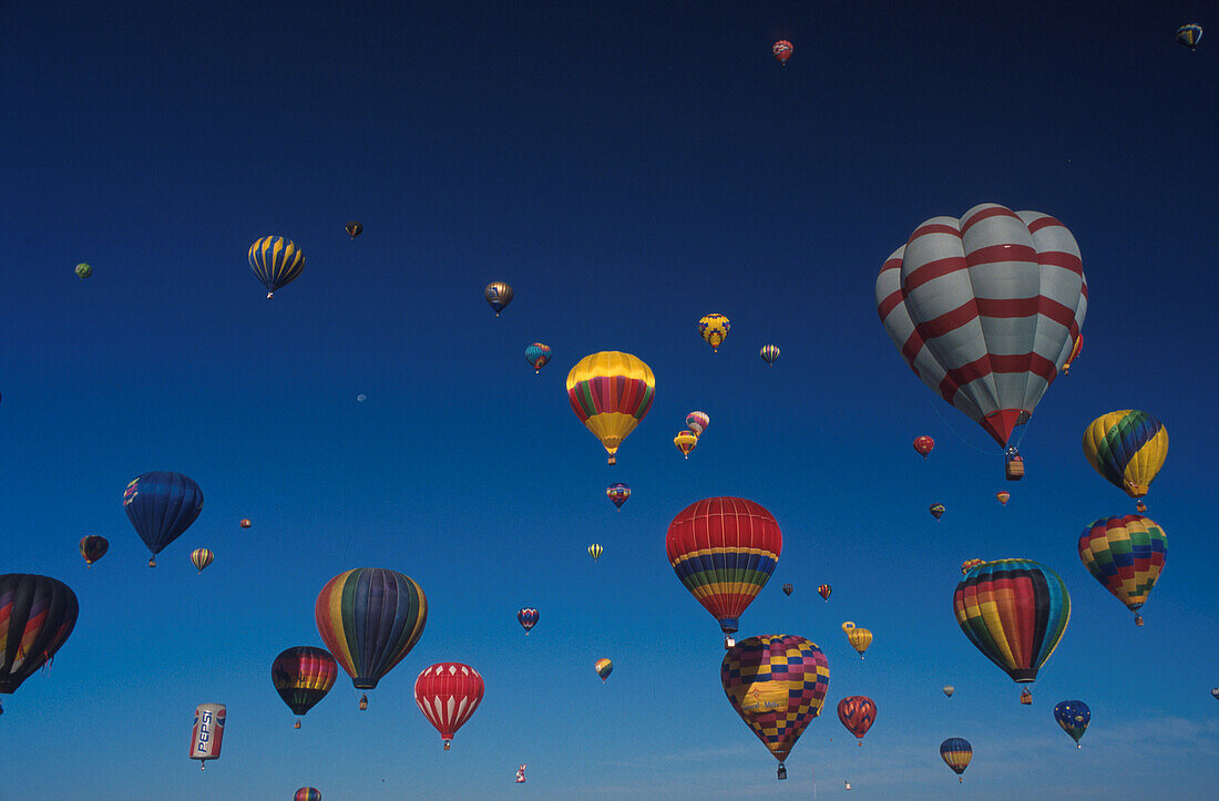 Hot air balloons in front of blue sky, Balloon Fiesta, Albuquerque, New Mexico, USA, America