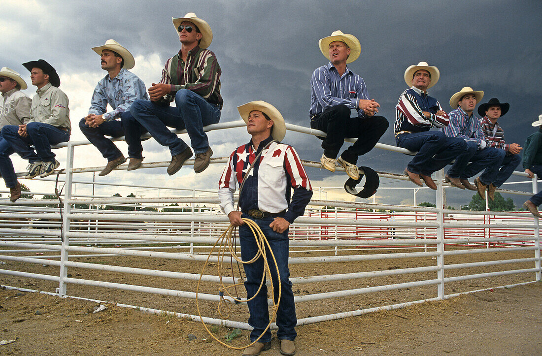 Group of men wearing cowboy clothes, western clothing, Cheyenne Frontier Days Rodeo, Wyoming, USA