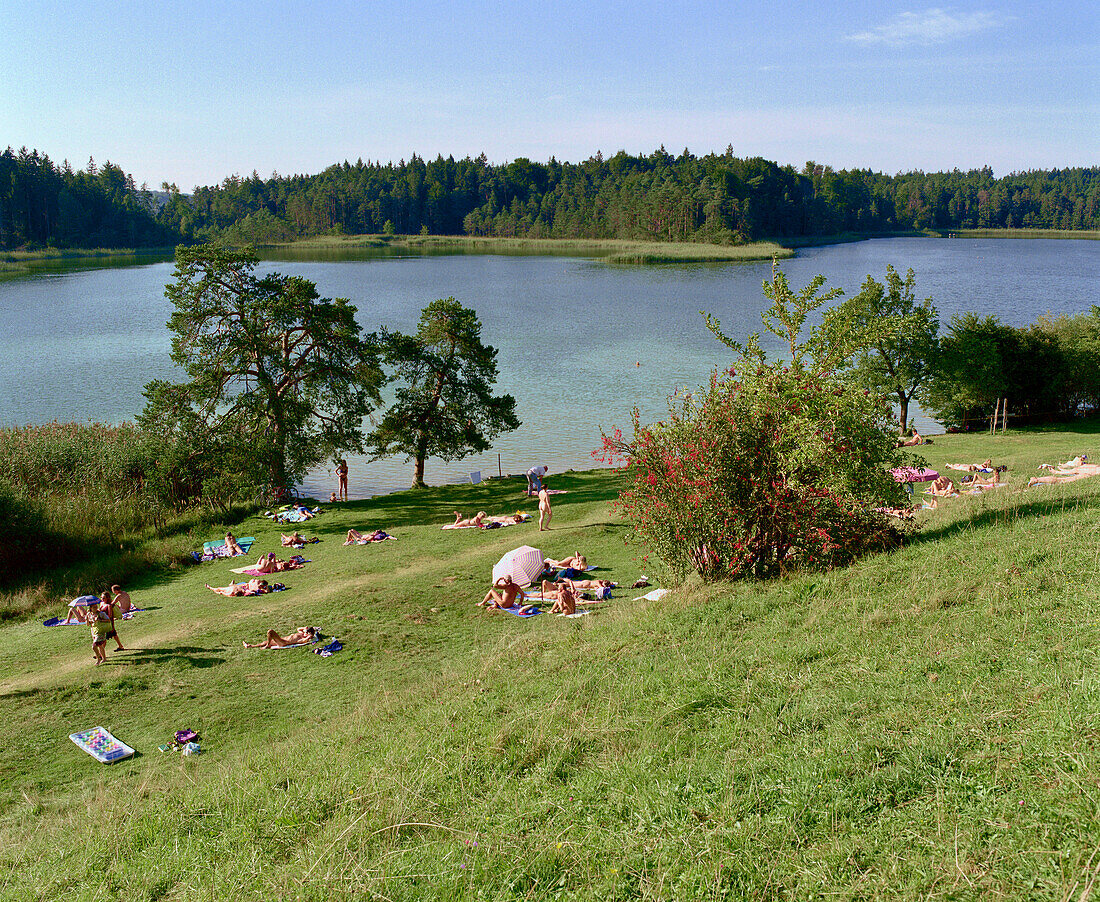 People on lake, Osterseen, Upper Bavaria, Bavaria, Germany