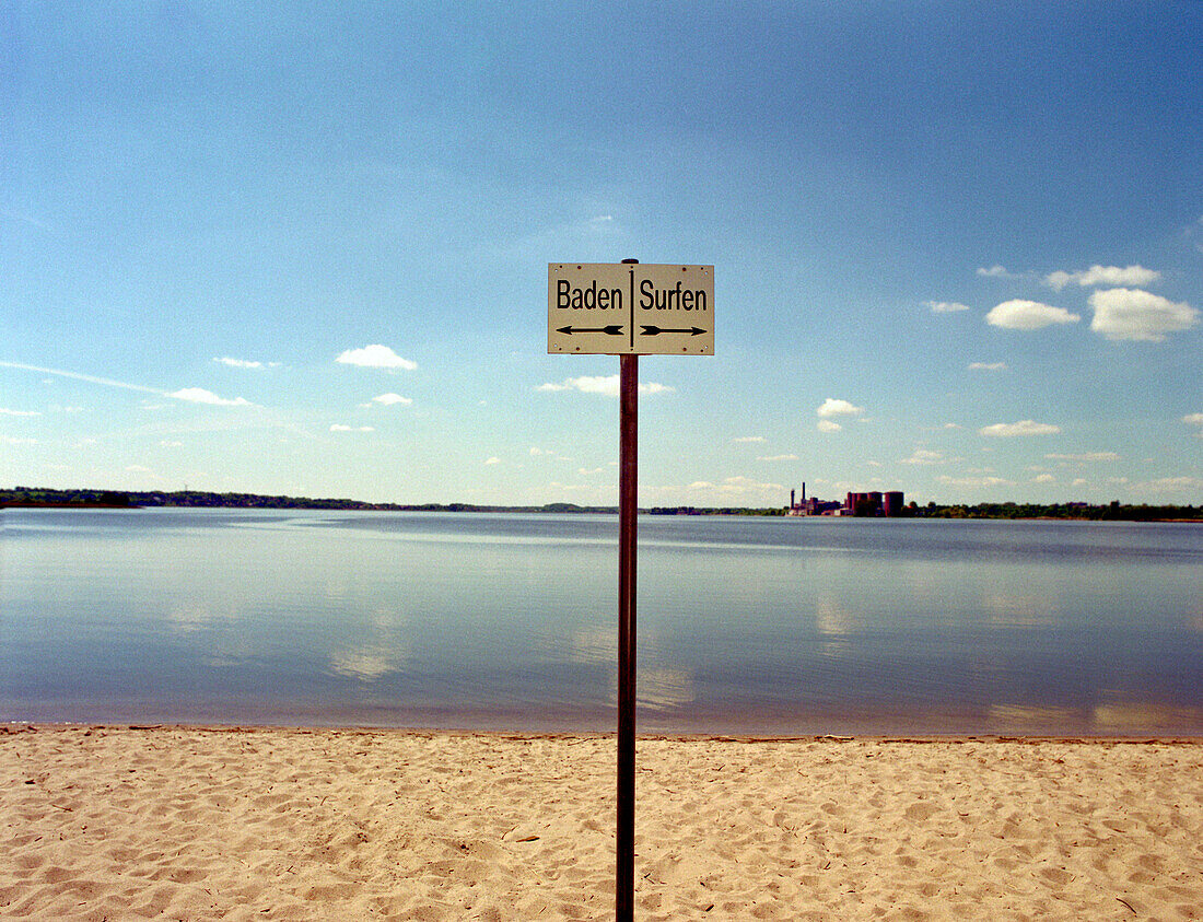 Bathing & surfing sign, Schlei bank, near Schleswig Schleswig-Holstein, Germany