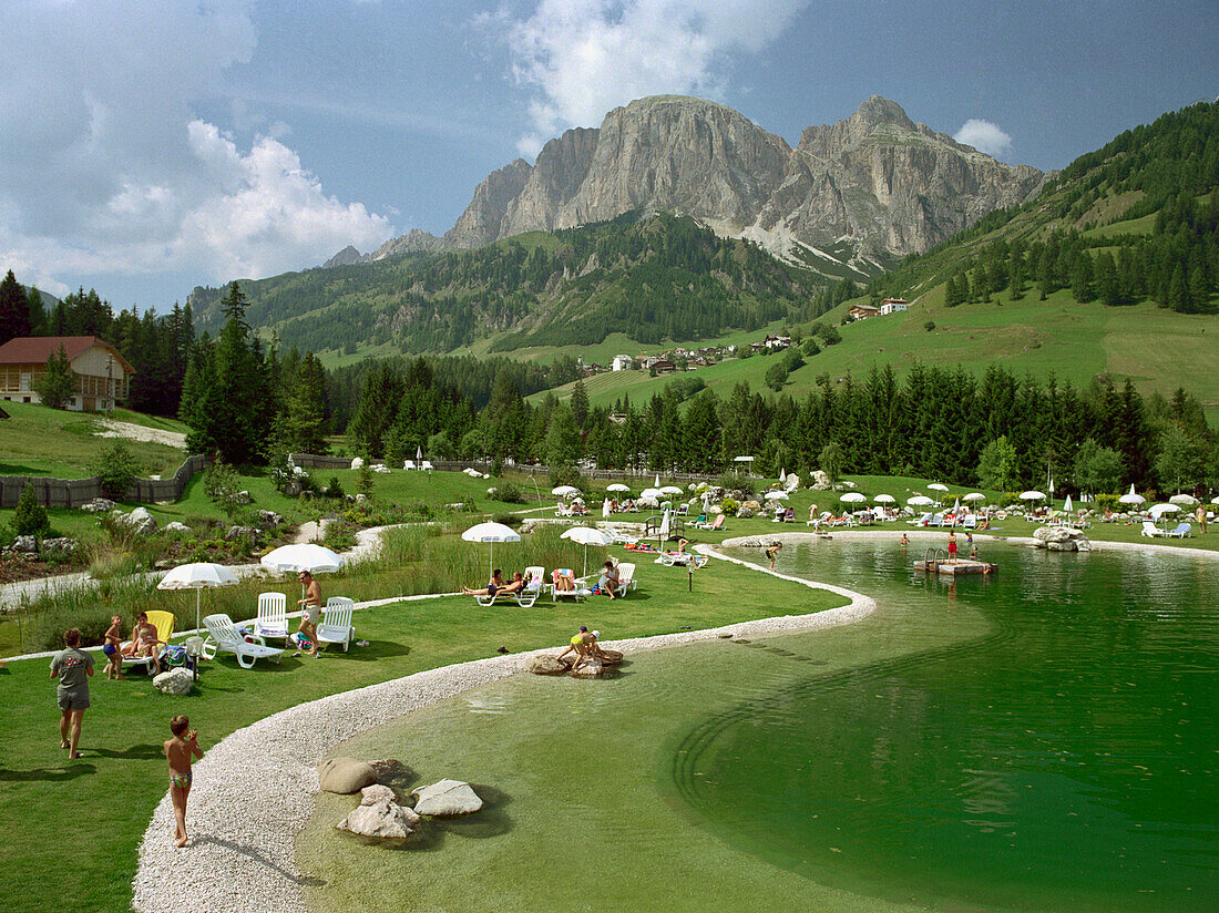 Open air bath in Corvara, Dolomites, Alta Badia, South Tyrol. Italy
